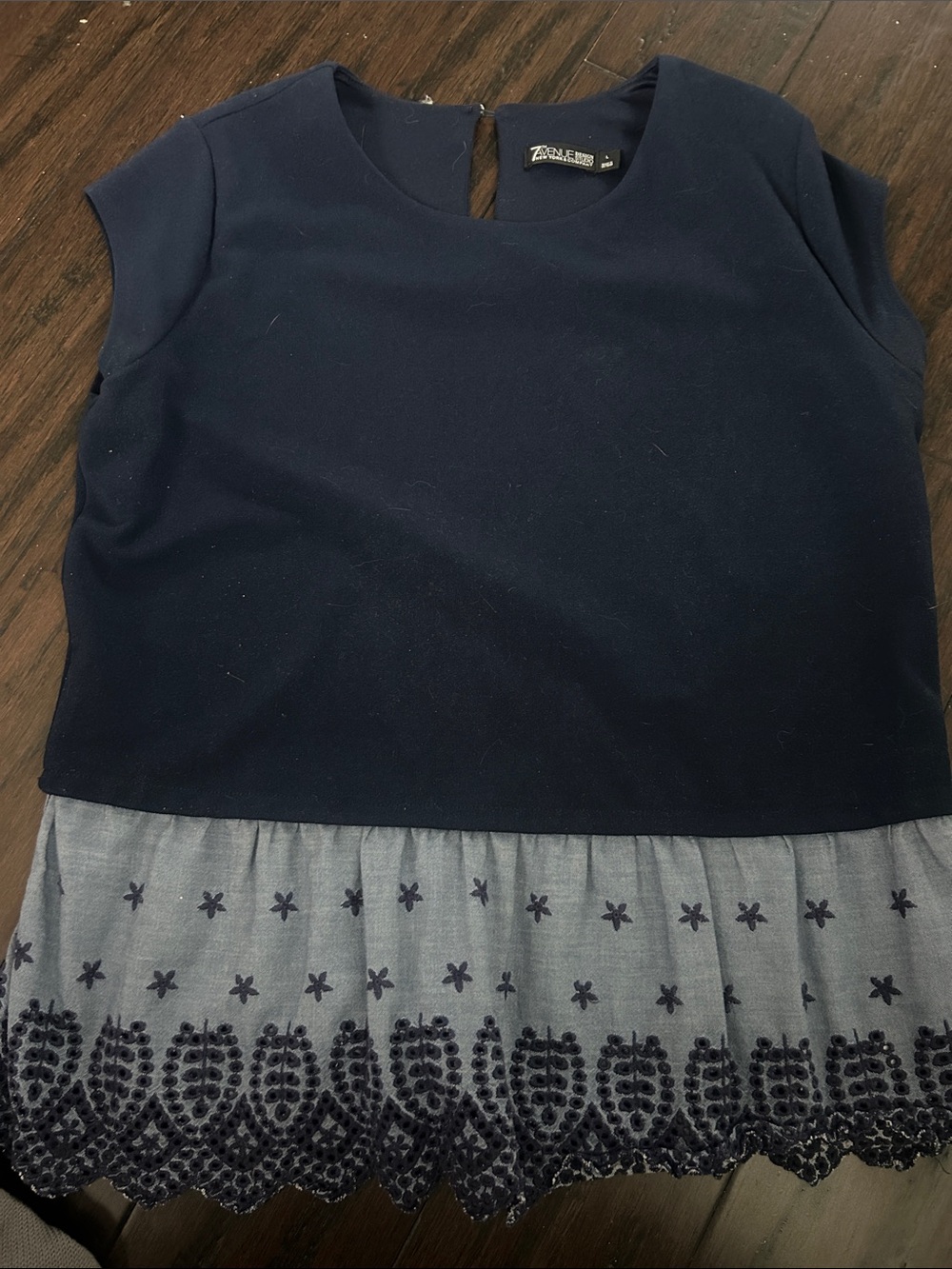 New York & Company Navy and Light Blue Embroidered Peplum Top